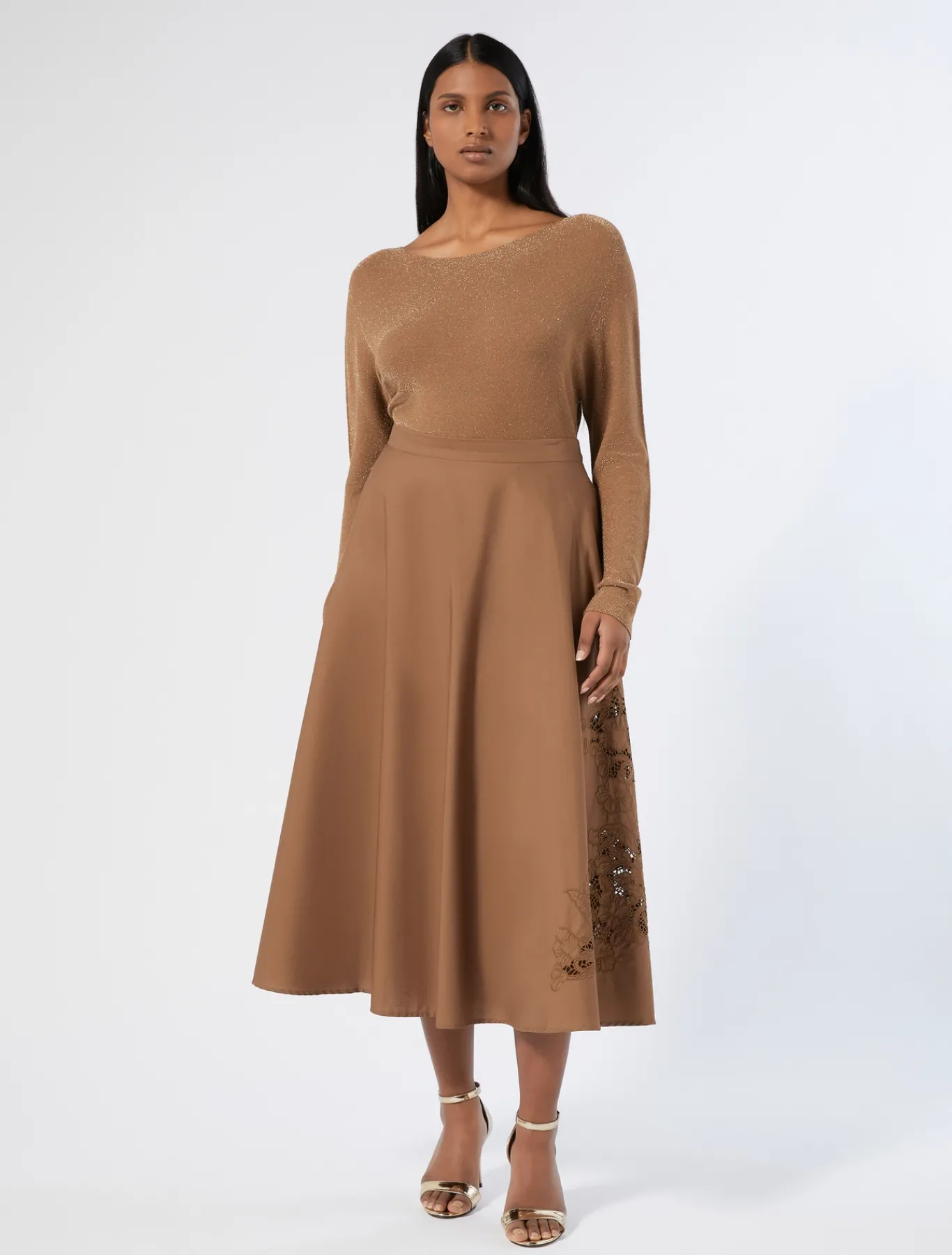 Marina Rinaldi Jupe en popeline avec broderie NOISETTE Discount