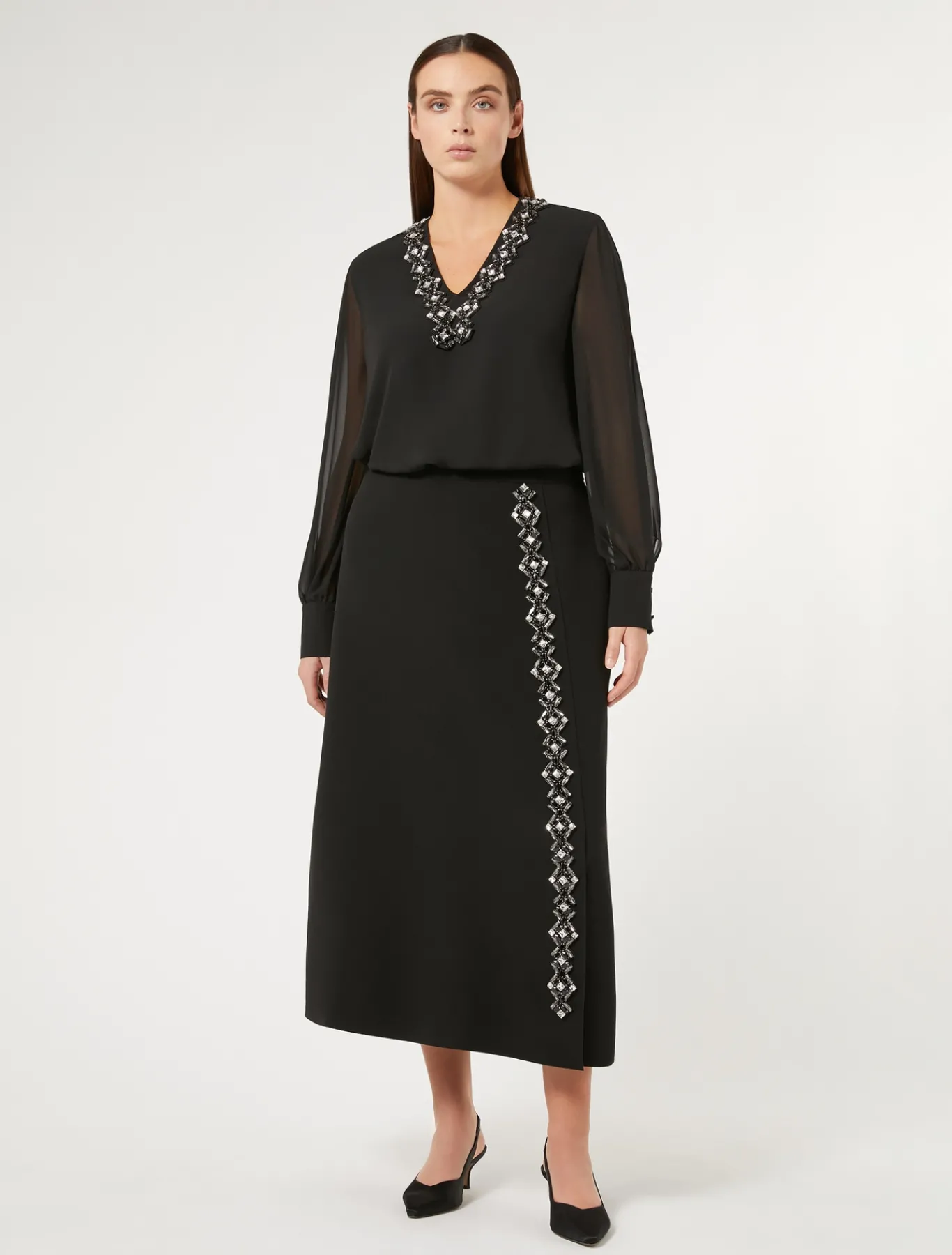 Marina Rinaldi Jupe longue en cady avec strass NOIR New