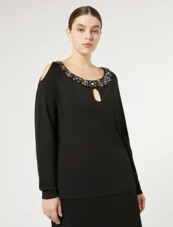 Marina Rinaldi Pull en viscose brodée NOIR Fashion