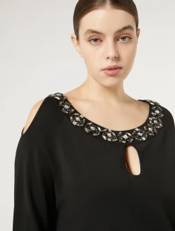 Marina Rinaldi Pull en viscose brodée NOIR Fashion