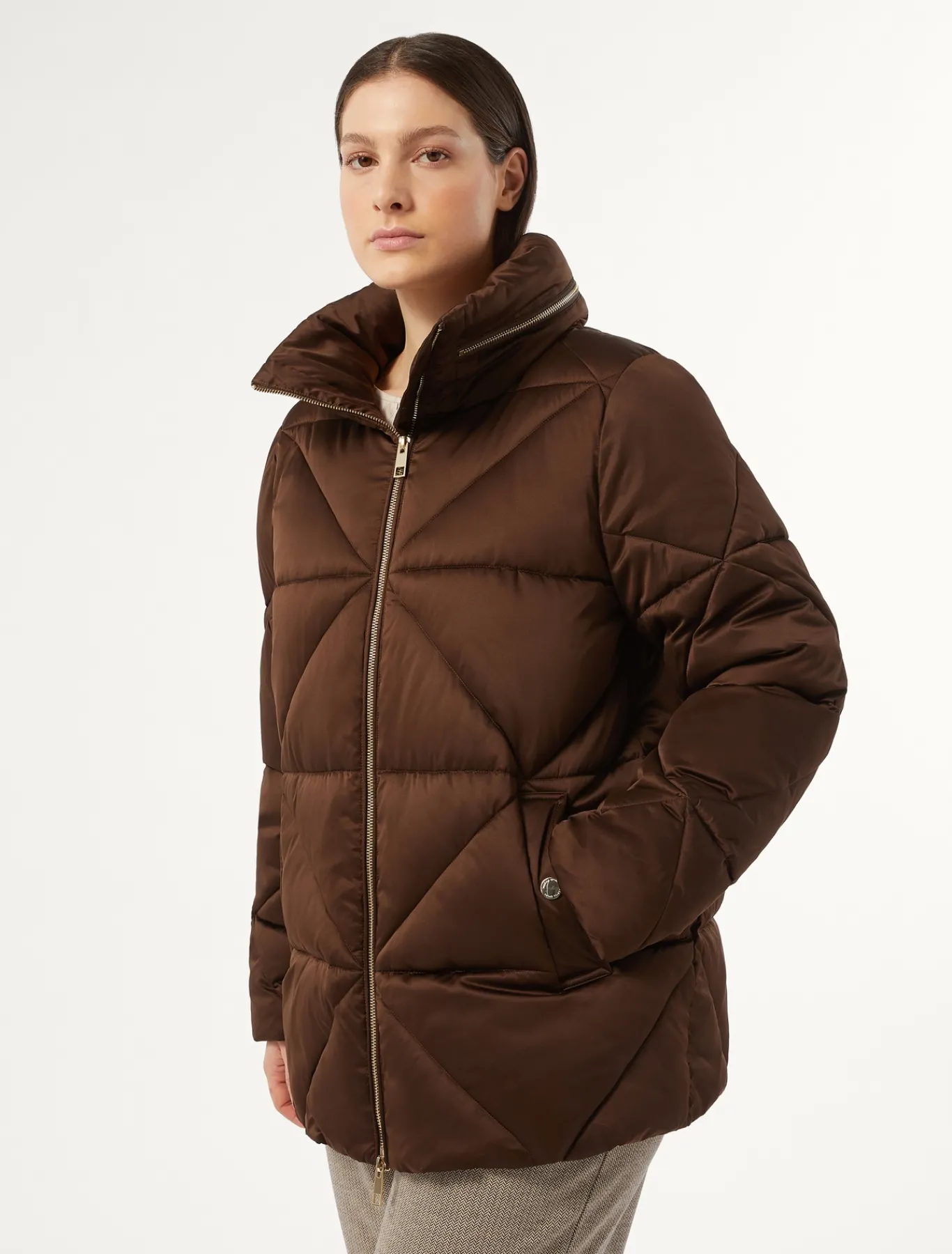 Marina Rinaldi Rembourré court en satin imperméable CHOCOLAT Clearance