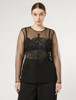 Marina Rinaldi T-shirt en tulle brodé NOIR Sale