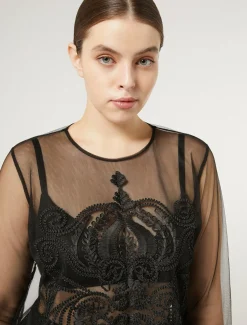 Marina Rinaldi T-shirt en tulle brodé NOIR Sale